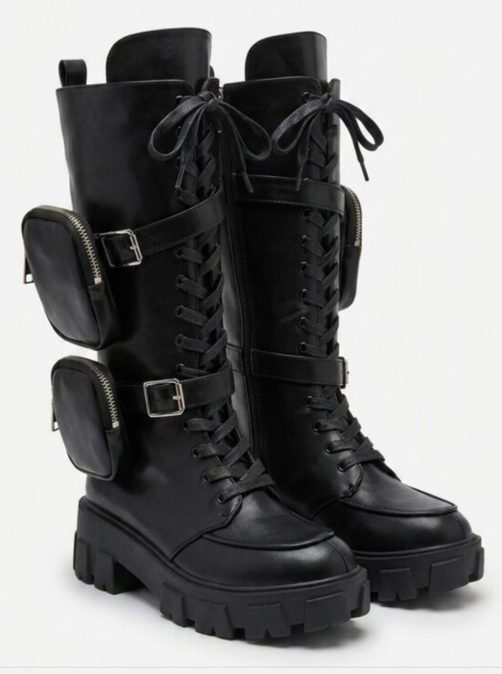 Azalea Wang Danger Black Lace-Up Combat Boots with Detachable Pouches Lug Soles